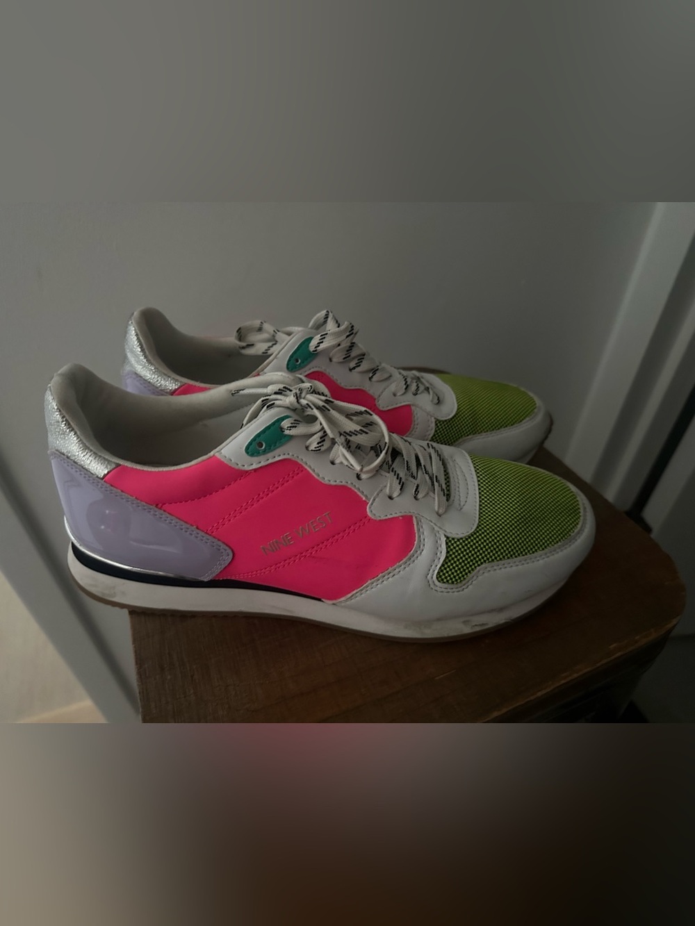 Nine West Neon Pink, Lime Green & White Colorblock Lace-Up Sneakers
